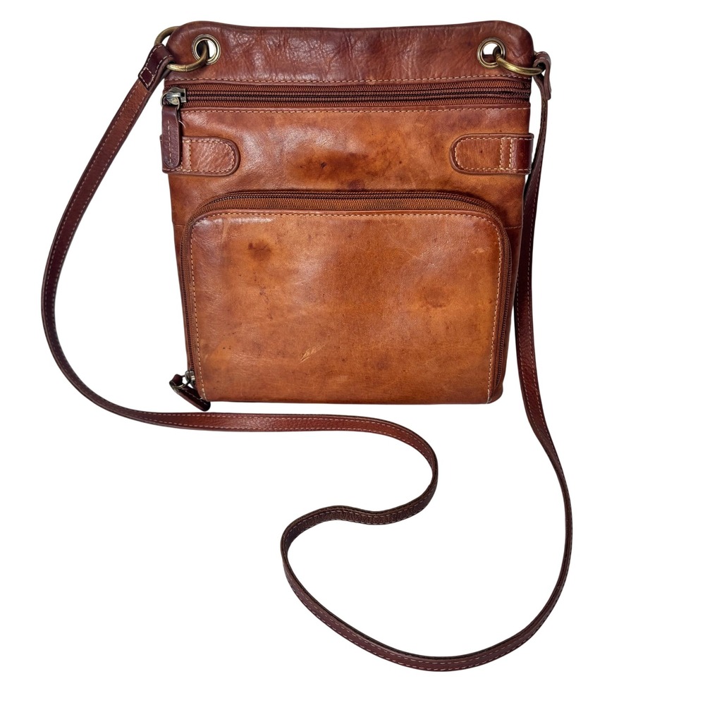 VTG Fossil Crossbody Bag Brown Leather Card Pocket Organizer Small Boho Hippie - Picture 2 of 12